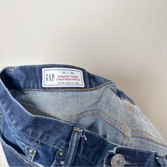 GAP Mens 33 x 32 Athletic Taper Dark Wash Blue Denim Jeasn - Picture 15 of 16